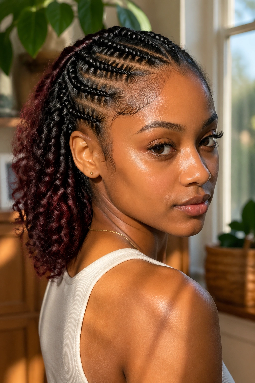 Portrait of a real woman with burgundy tint on the loose back of half cornrows