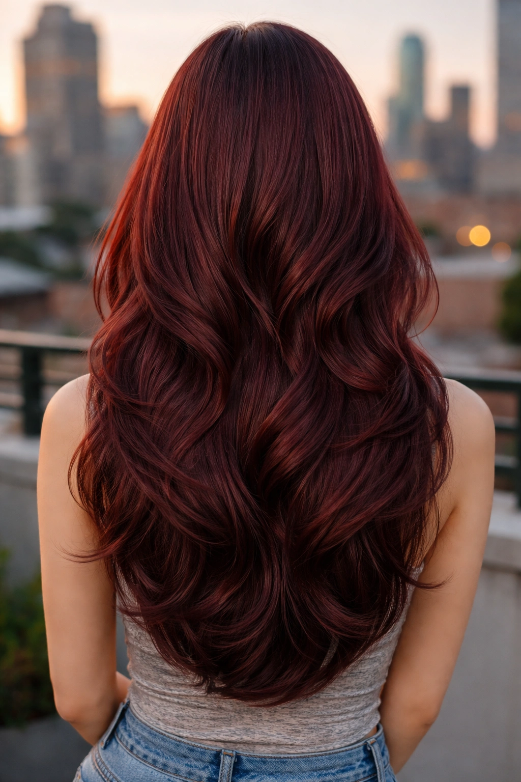 Close-up portrait of a real woman with burgundy U-cut layers.