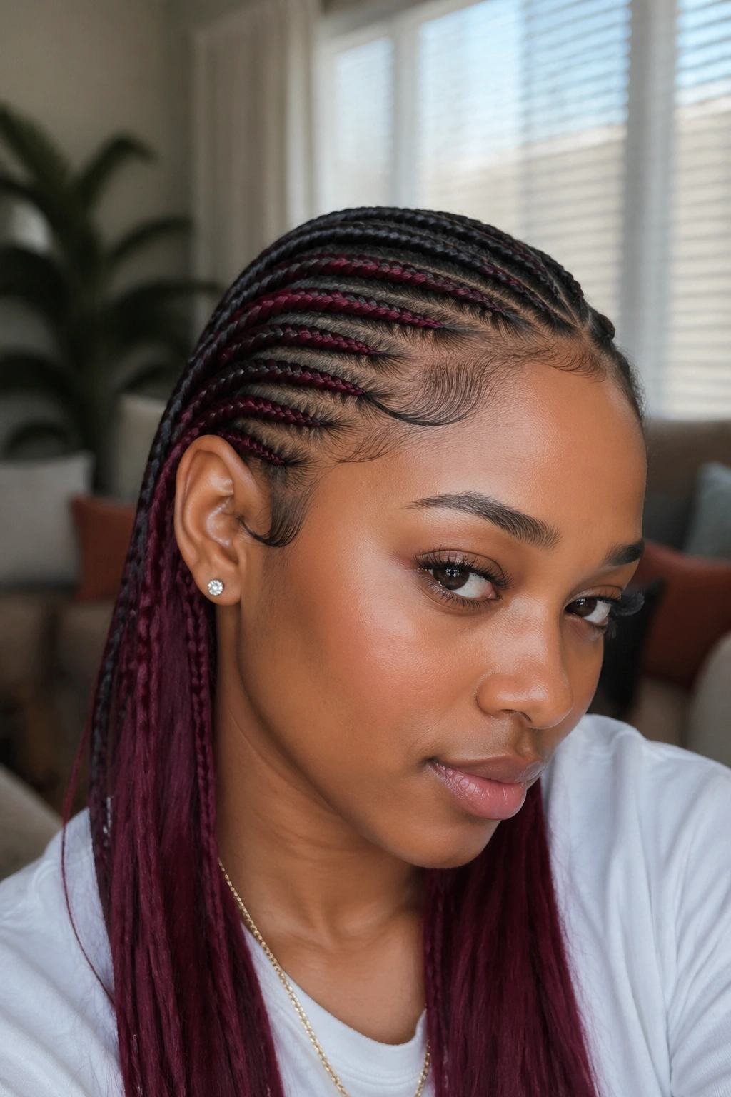 Portrait showing burgundy underlayer beneath top hair in crown-area cornrows.