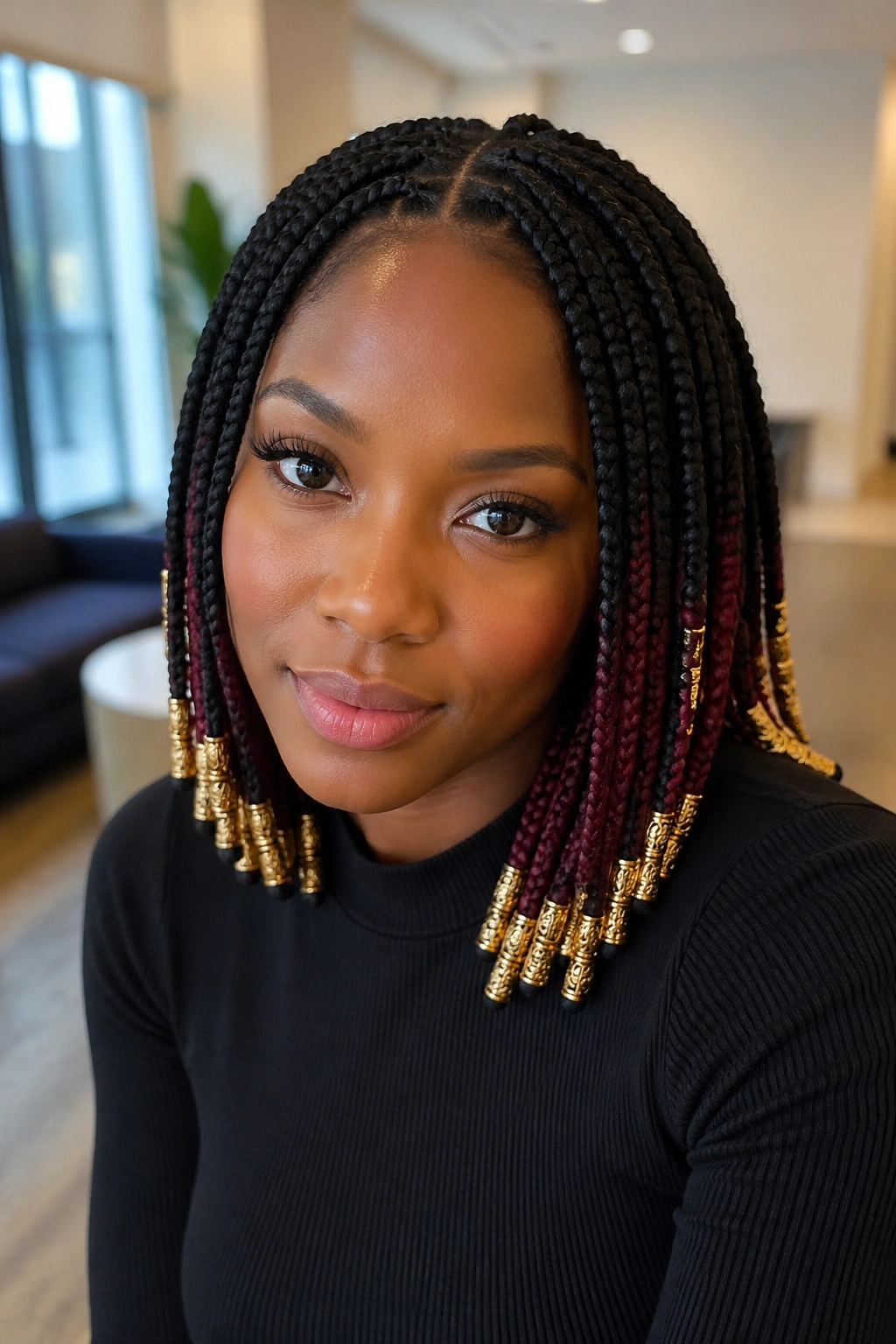 Close-up of burgundy underlayers peeking from short braids with gold beads