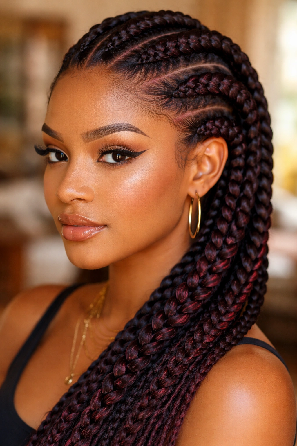 Close-up of thick burgundy-toned cornrows on a real person's head