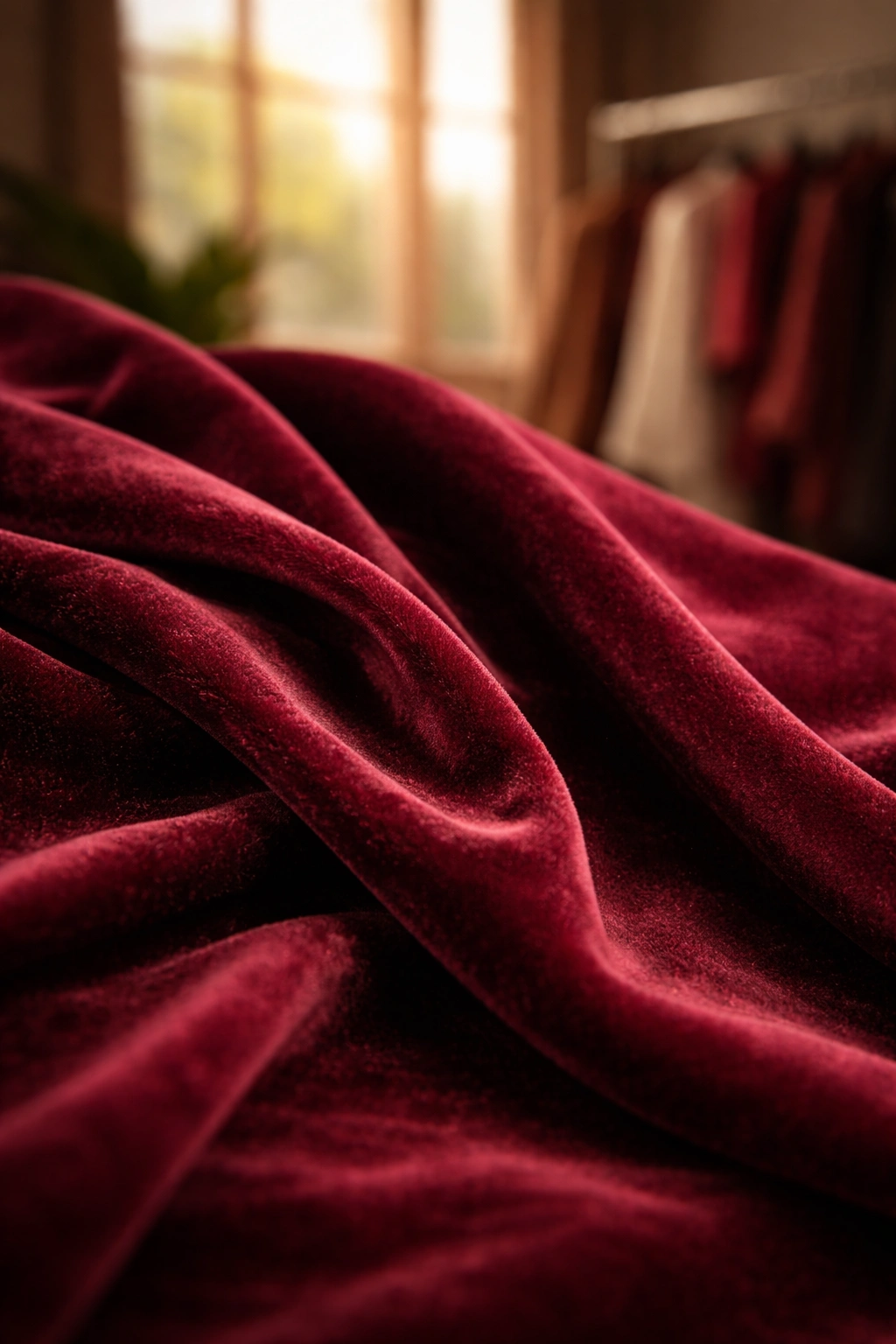 Close-up of burgundy velvet fabric texture in a fashion studio