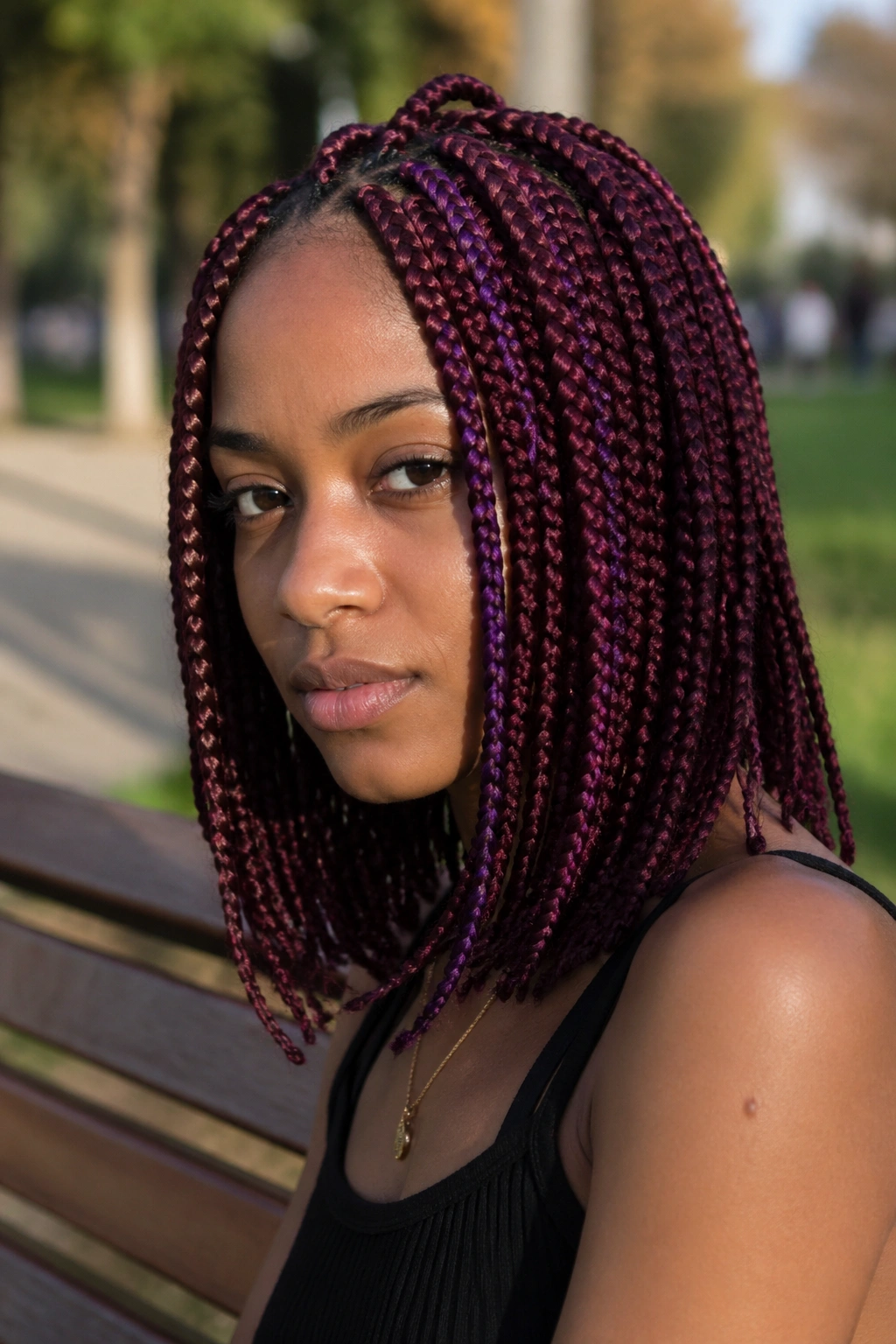 Close-up of a real person with burgundy base and violet streaks in medium box braids