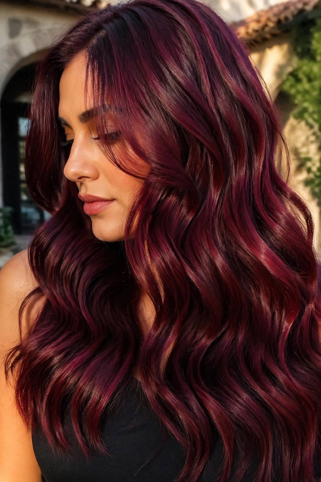 Close-up of deep burgundy wavy hair with dimensional color in natural light