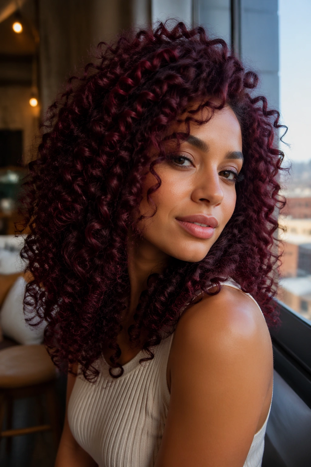 Close-up portrait of burgundy wine curls with red-violet tones