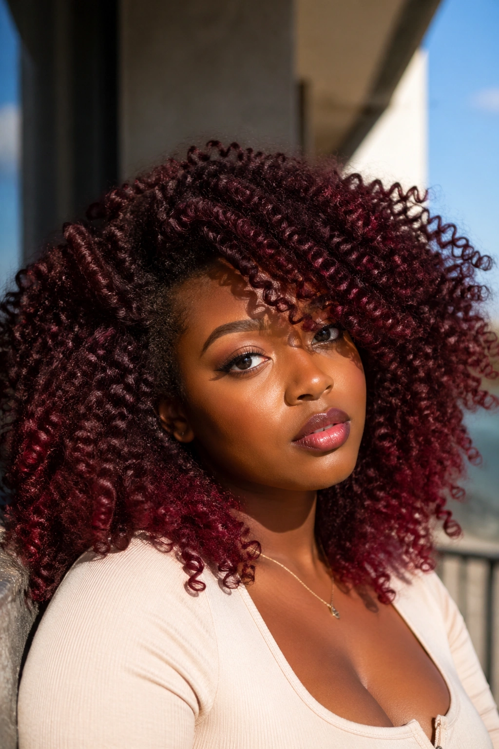 Close-up portrait of a woman with burgundy and wine curls on dark natural hair.