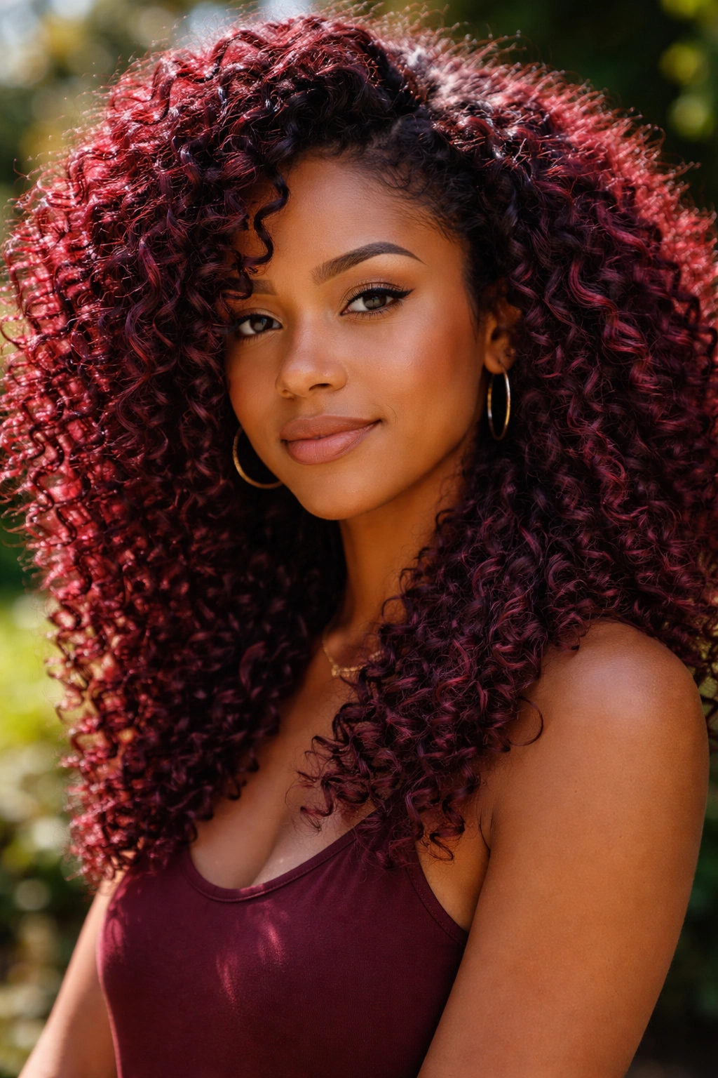 Close-up of a real person with curly hair in burgundy wine tones catching sunlight.