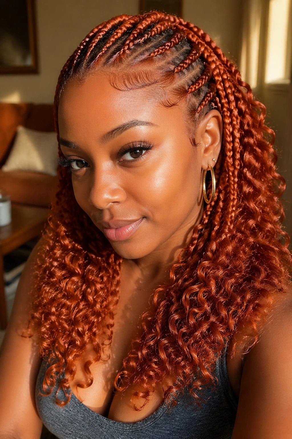Close-up of burnt orange cornrows with curly ends on a real woman in warm room light
