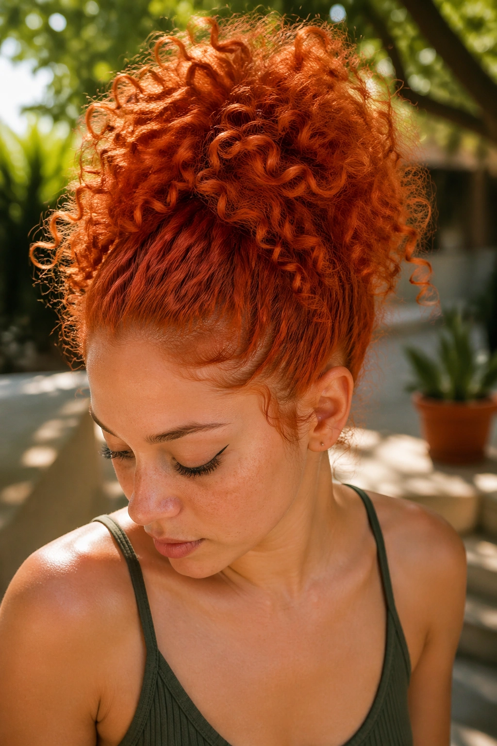 Close-up of burnt orange pineapple ponytail on a real woman outdoors