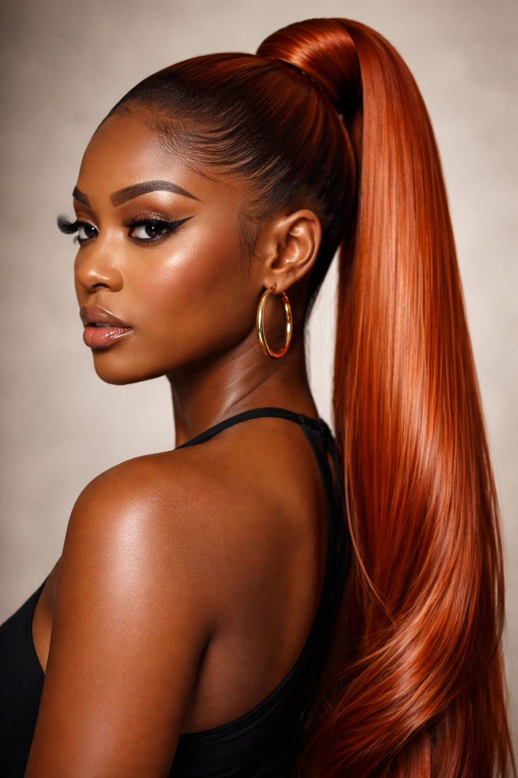 Close-up of a burnt orange sleek ponytail with silk-like finish