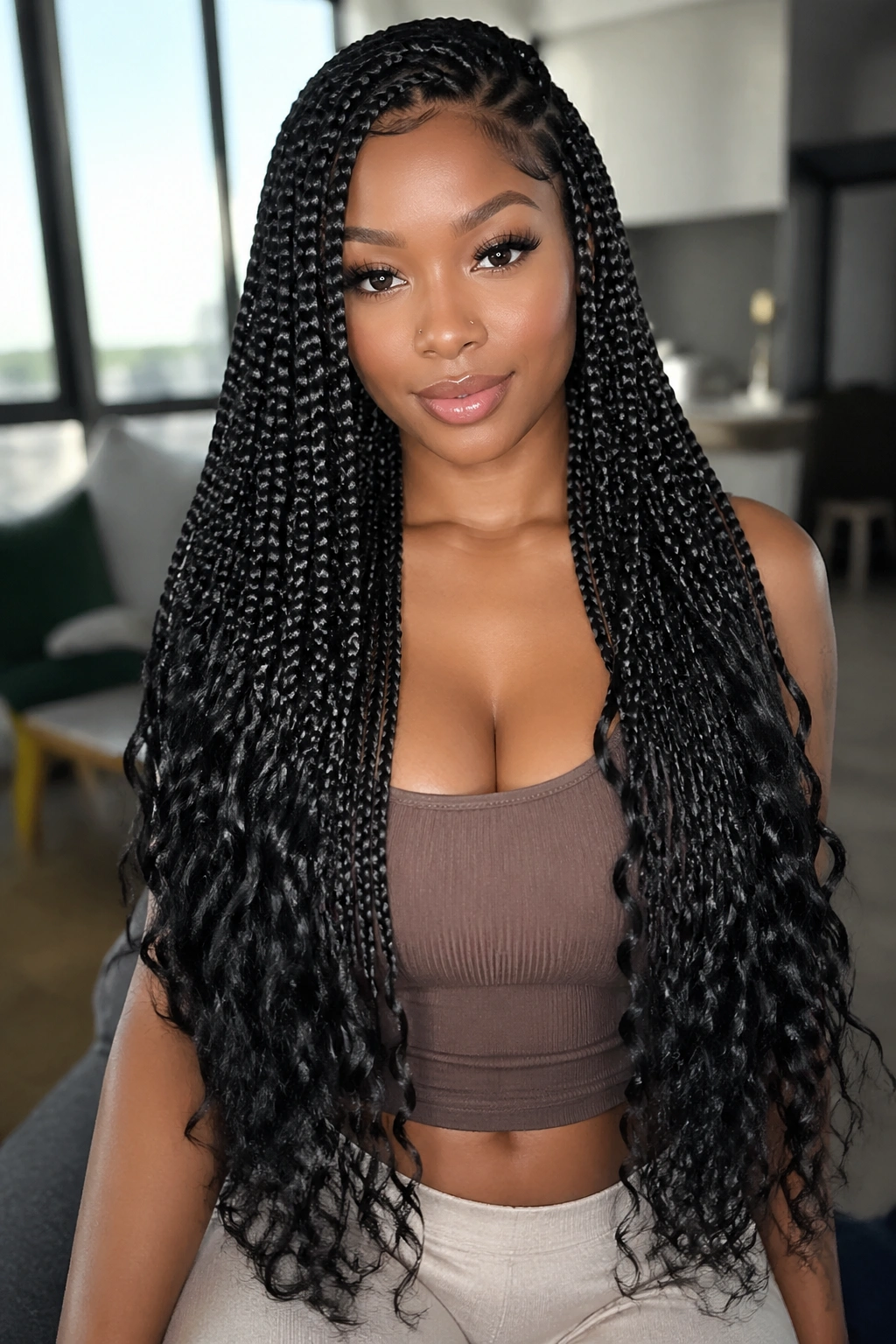Portrait of a real person with long box braids ending in deep waves