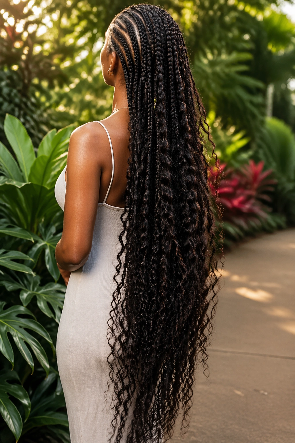 Back view of butt-length bohemian cornrows in a garden