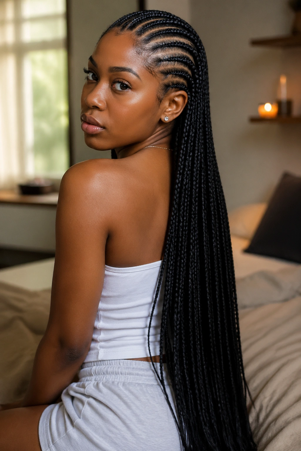 Close-up of a real person with butt-length cornrows cascading down the back.