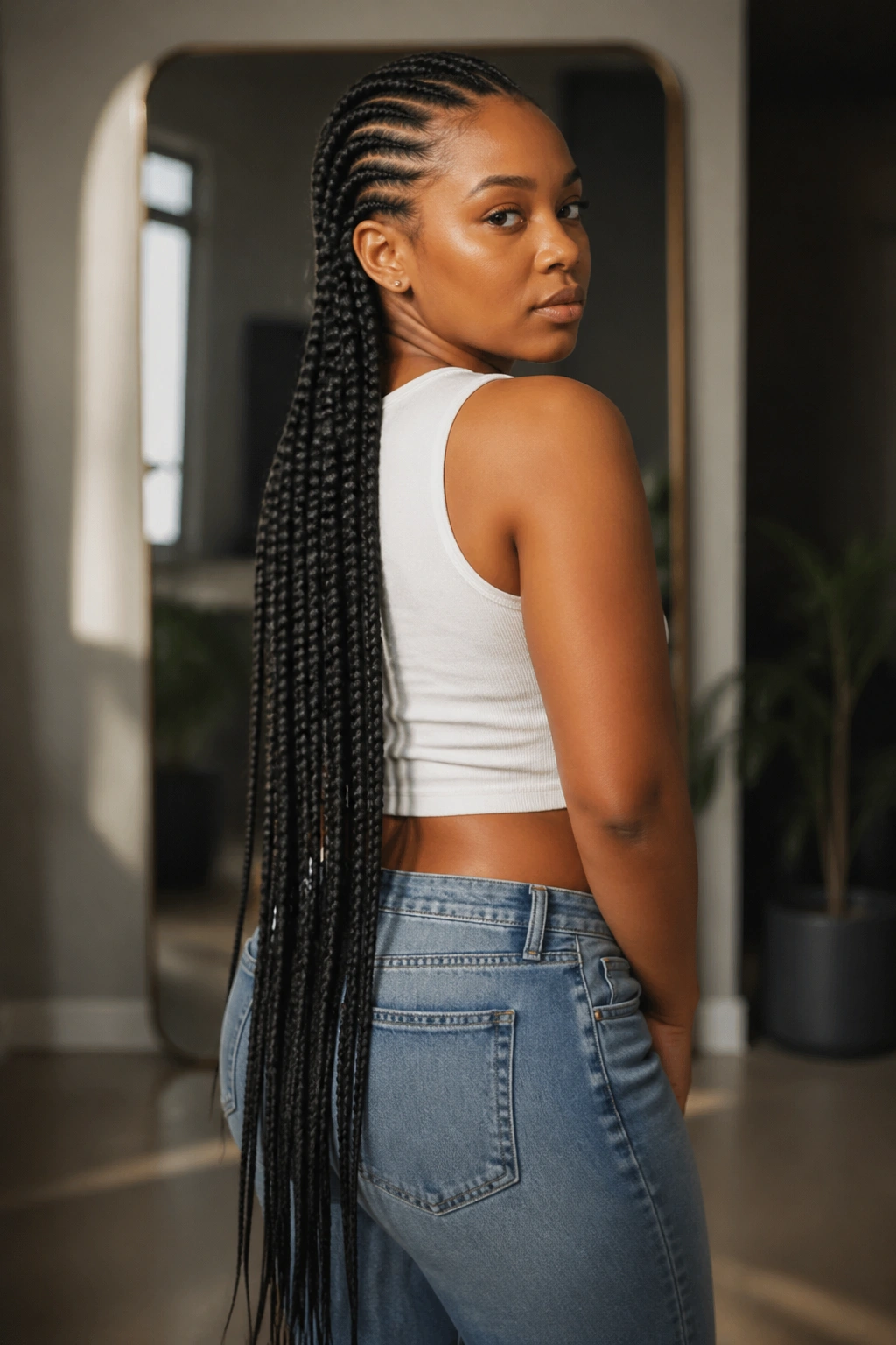 Three-quarter portrait of butt-length all-back cornrows with kanekalon extensions