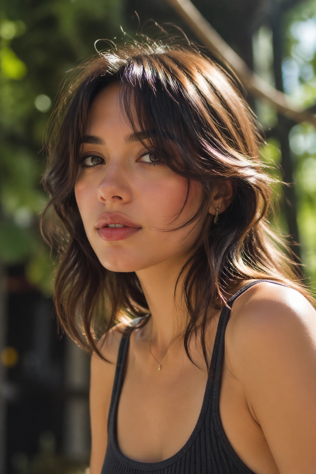 Close-up portrait of a real woman with butterfly bangs opening at the cheeks in natural light