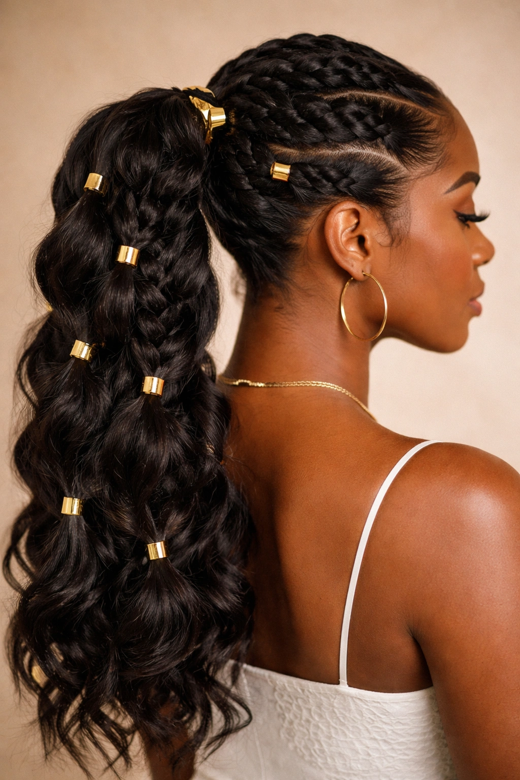 Chunky Butterfly Braid Ponytail with Gold Cuffs: close-up showing chunky braids and gold cuffs