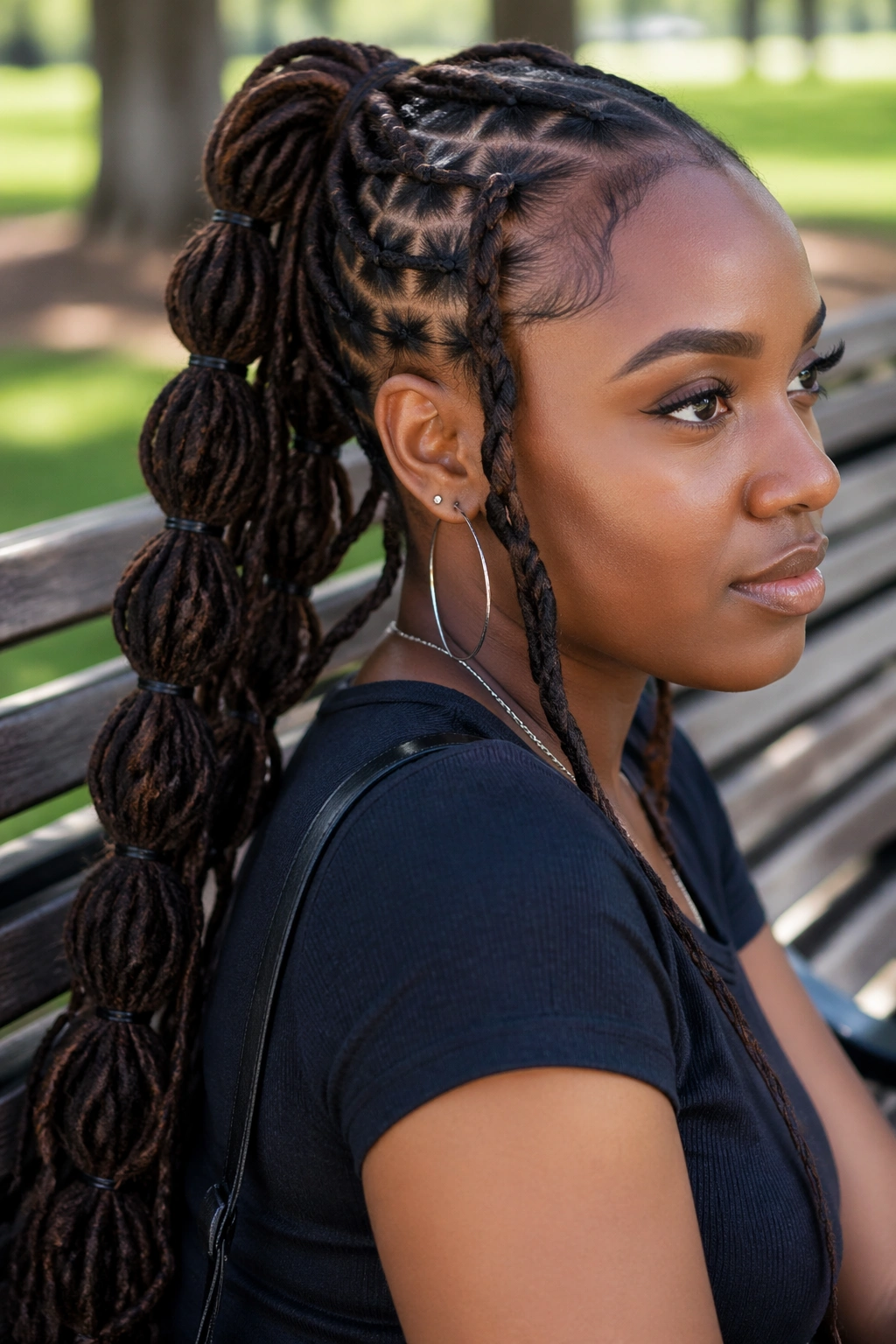 Close-up of a real woman with bubble-section butterfly braid ponytail on locs