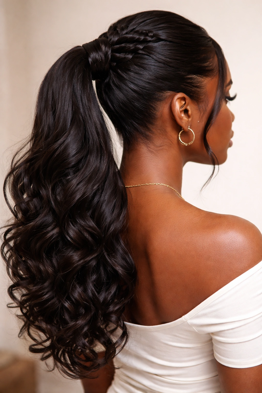 Low Sleek Butterfly Braid Ponytail with Romantic Loose Curls: sleek braid at the nape with loose curled ends