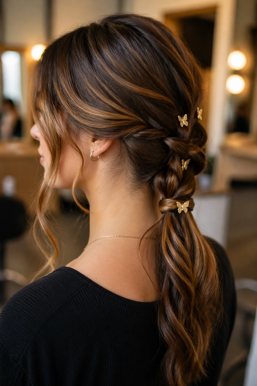 Portrait of a real woman with a low nape butterfly braid ponytail and matte gold clips