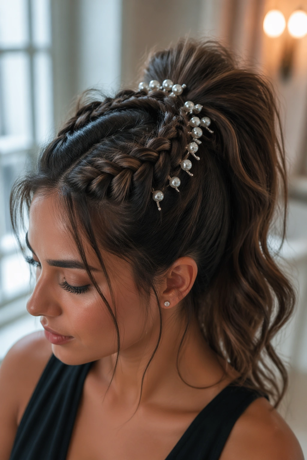 Close-up portrait of a real woman wearing a high crown butterfly braid ponytail with pearl clips