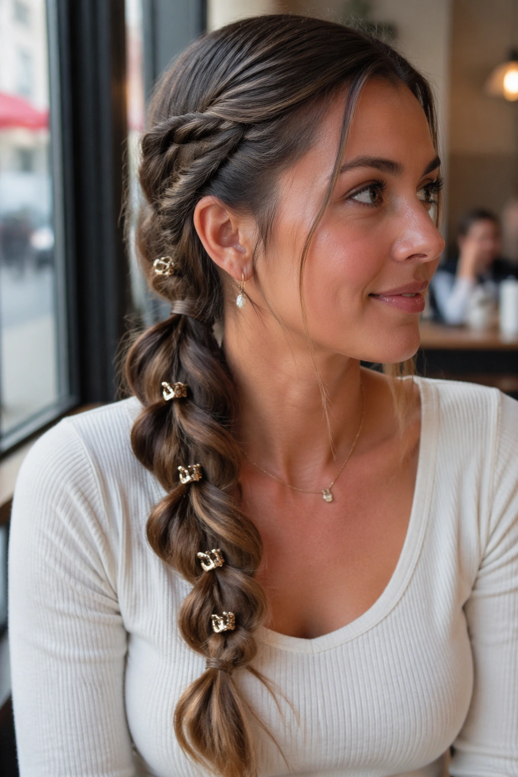 Close-up of a real woman with a side-swept butterfly braid ponytail and mini claw clips
