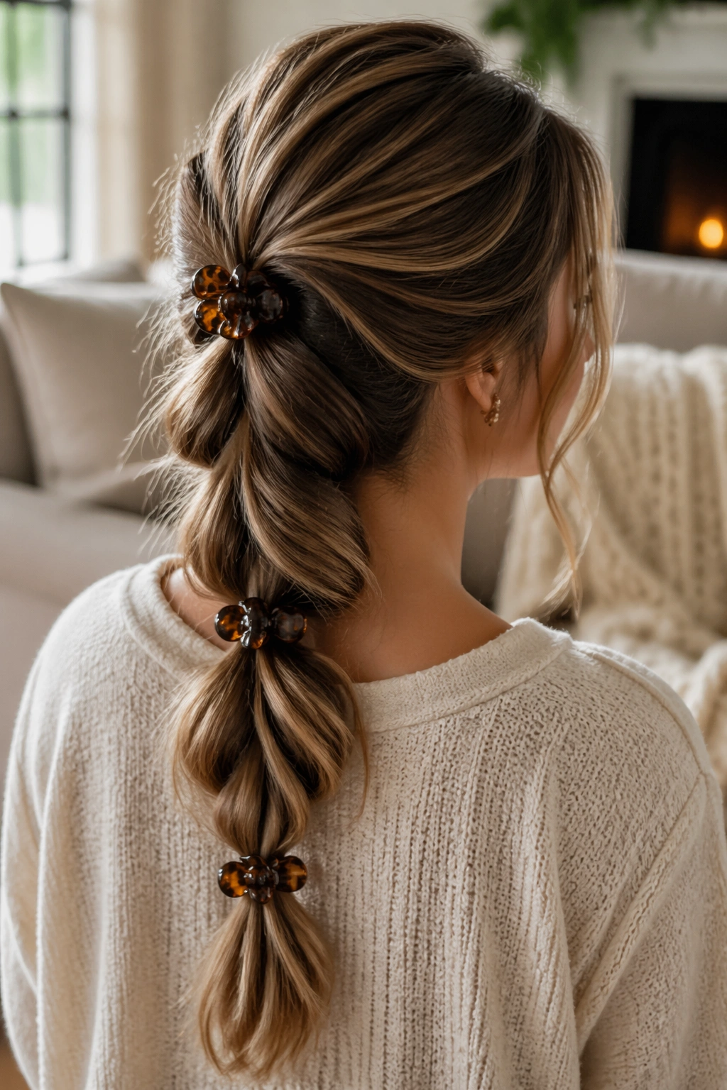 Close-up of a real woman with a tapered butterfly braid ponytail and tortoiseshell clips.
