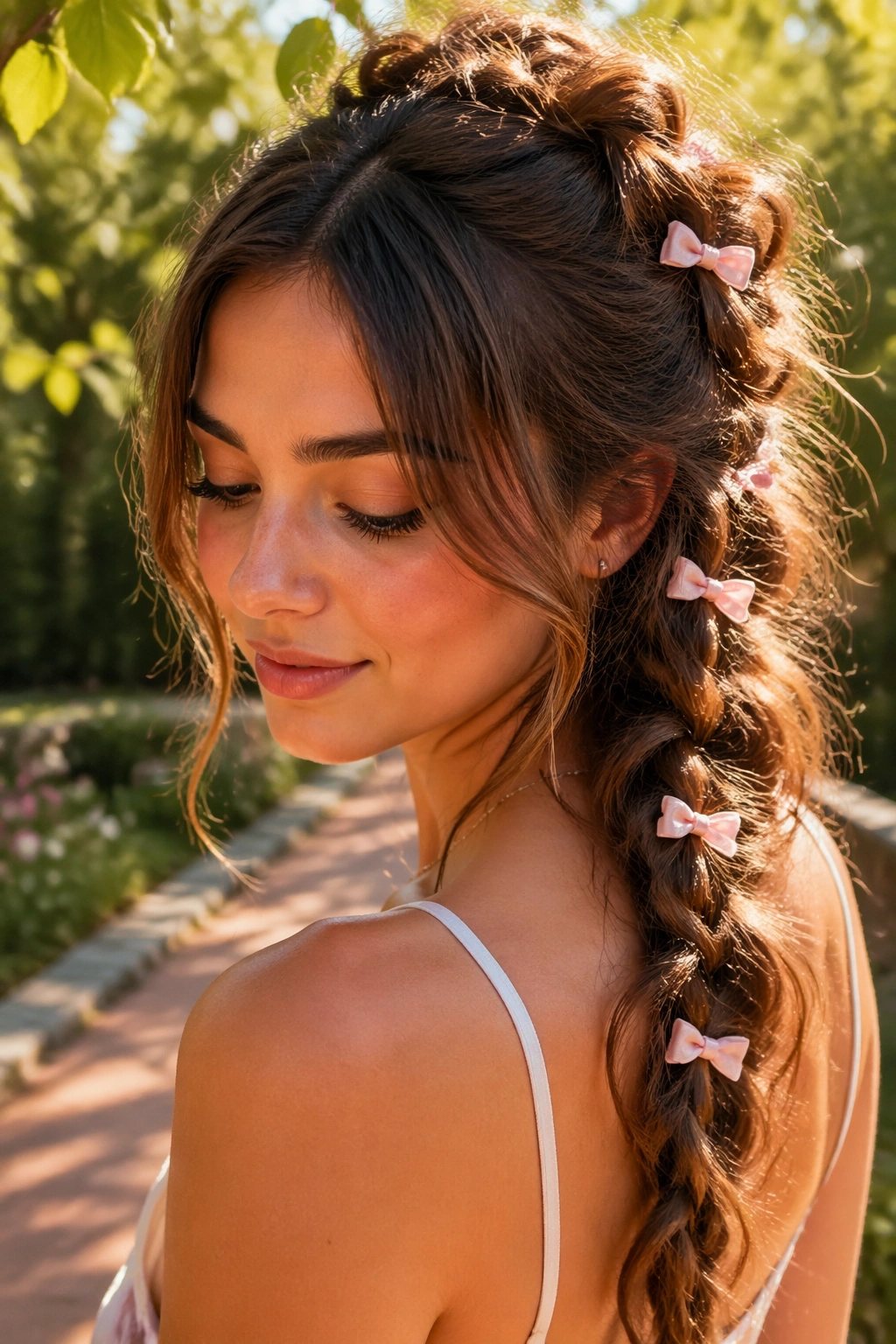 Close-up of a real woman with a tousled butterfly braid ponytail and ribbon clips