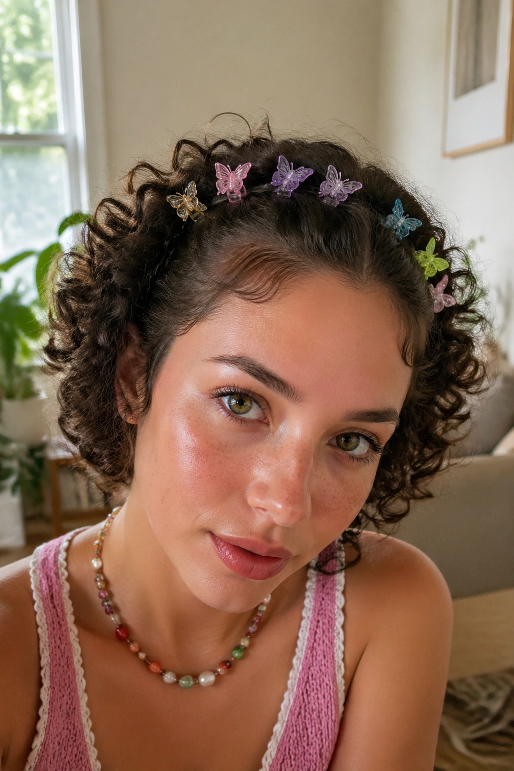 Close-up of a real woman with short curls and butterfly clips across the crown.