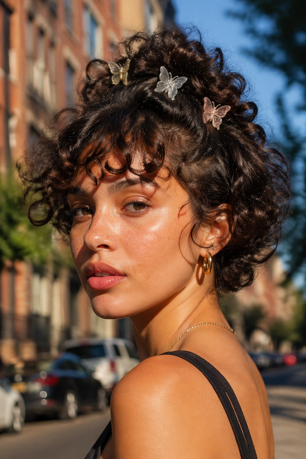 Close-up portrait of a real woman with butterfly clips at the crown and 90s volume
