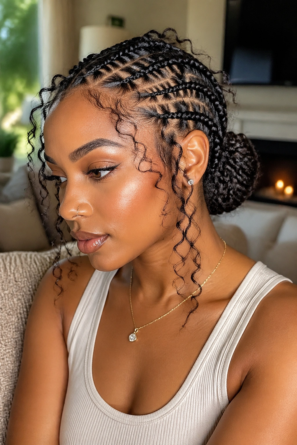 Close-up of butterfly cornrows gathered into a low bun.