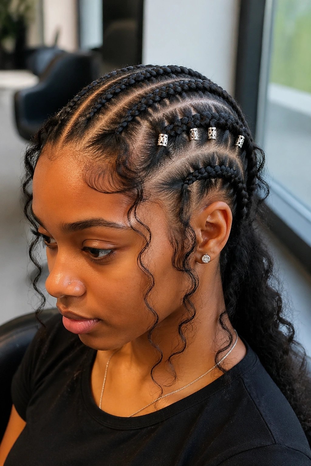 Close-up of butterfly cornrows with metal cuffs on braids in window-lit salon
