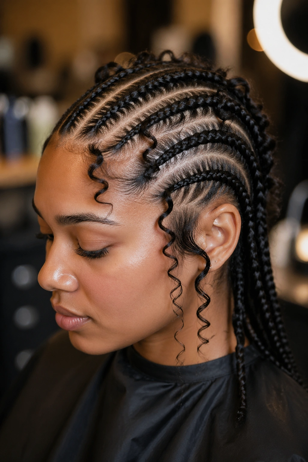 Close-up of a real person with butterfly cornrows and wispy curls in a salon.