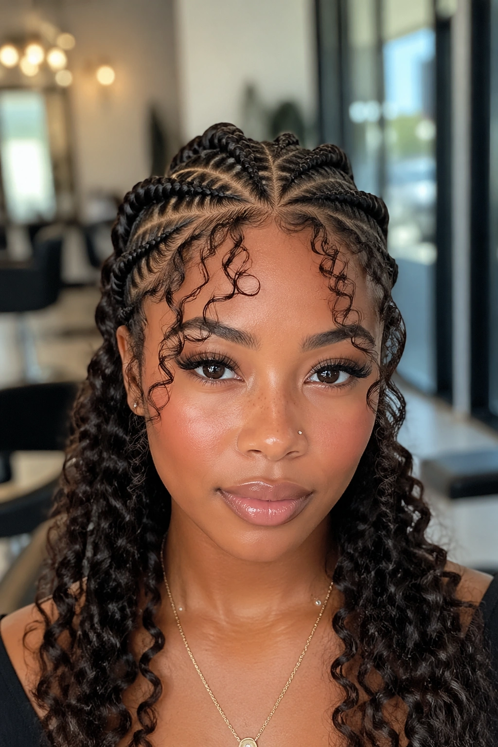 Front view of a real woman with curly bangs and butterfly cornrows behind in bright salon lighting