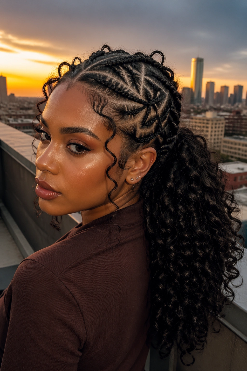 Close-up of butterfly cornrows leading to a curly ponytail.