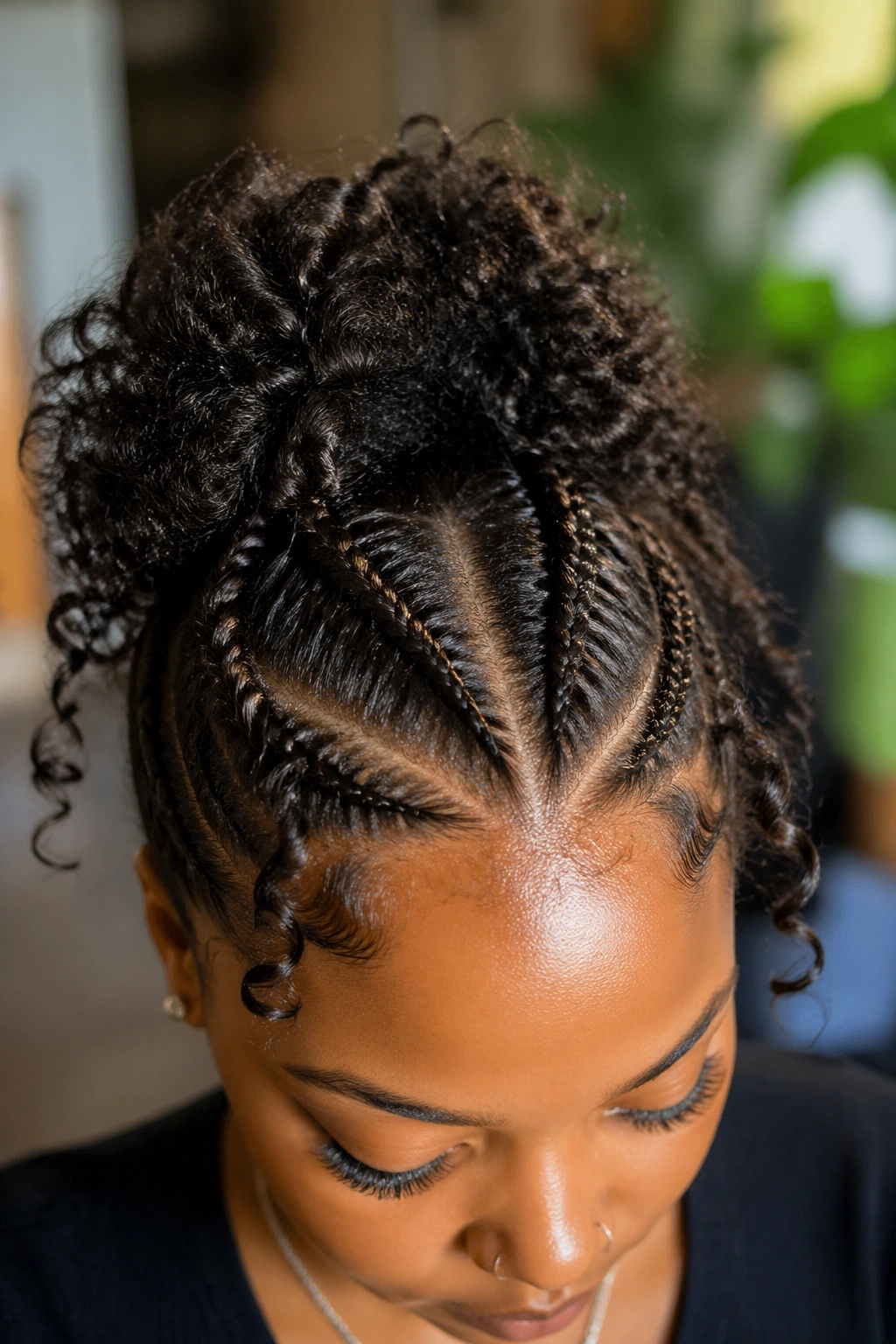 Top crown view of a real person with butterfly cornrows forming a curly top puff