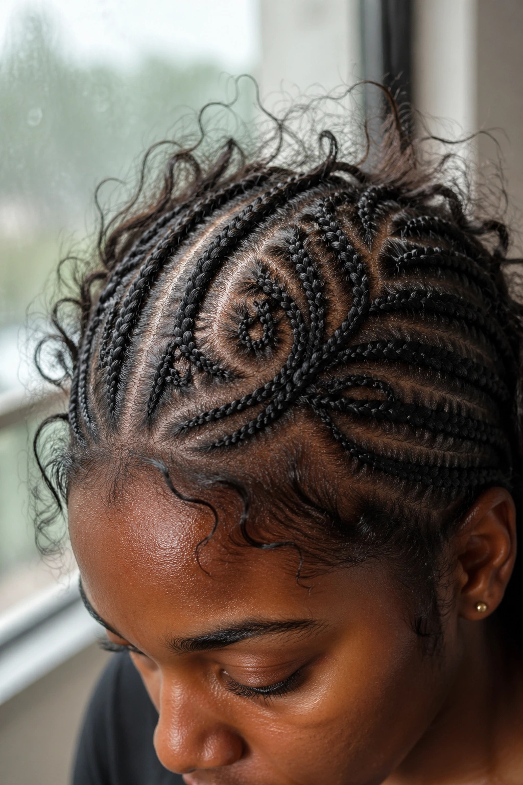 Close-up of butterfly cornrows showing frizz and flyaways in humidity.