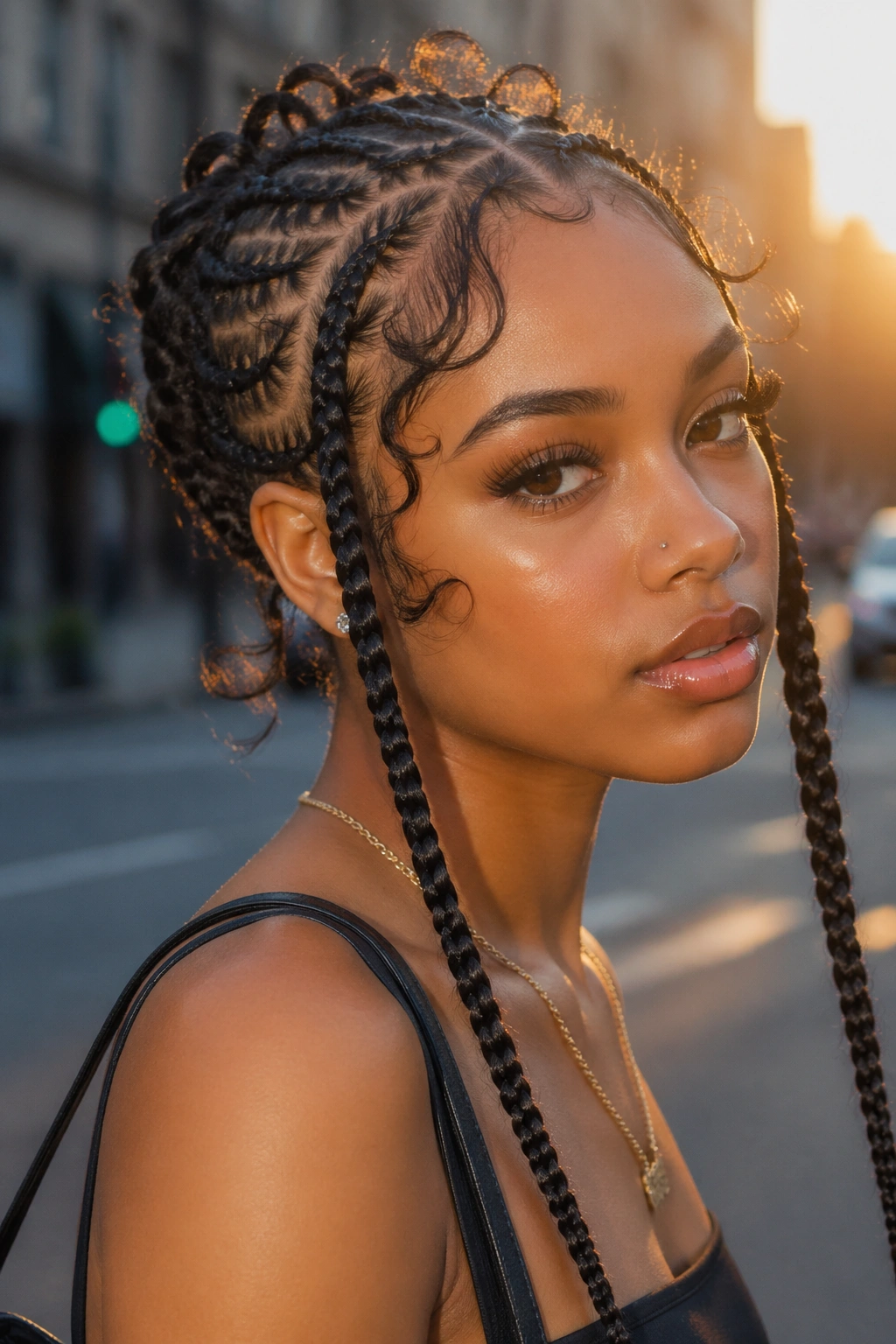 Close-up of butterfly cornrows with two long temple braids in golden hour light