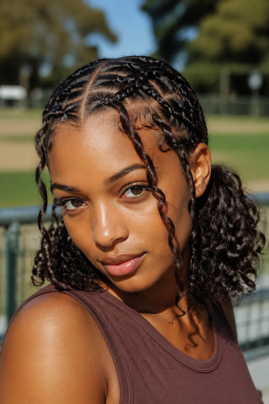 Close-up of butterfly cornrows in low pigtails on a real person.