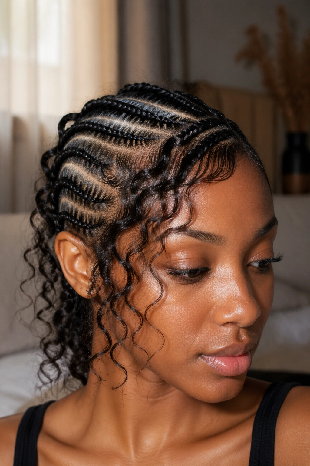 Close-up of butterfly cornrows with side bang on a real woman, soft window light.