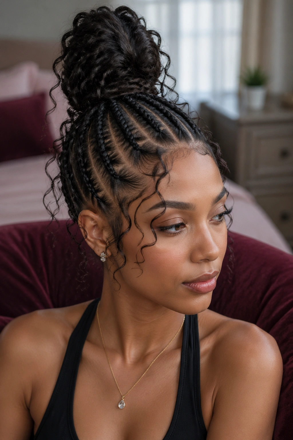 Close-up of butterfly cornrows with a high top knot on a real person in warm window light