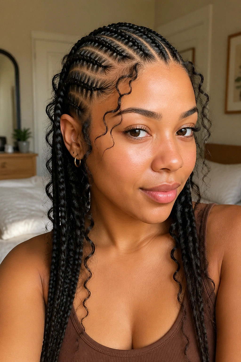 Close-up portrait of a real woman with classic straight-back butterfly cornrows and wisps.
