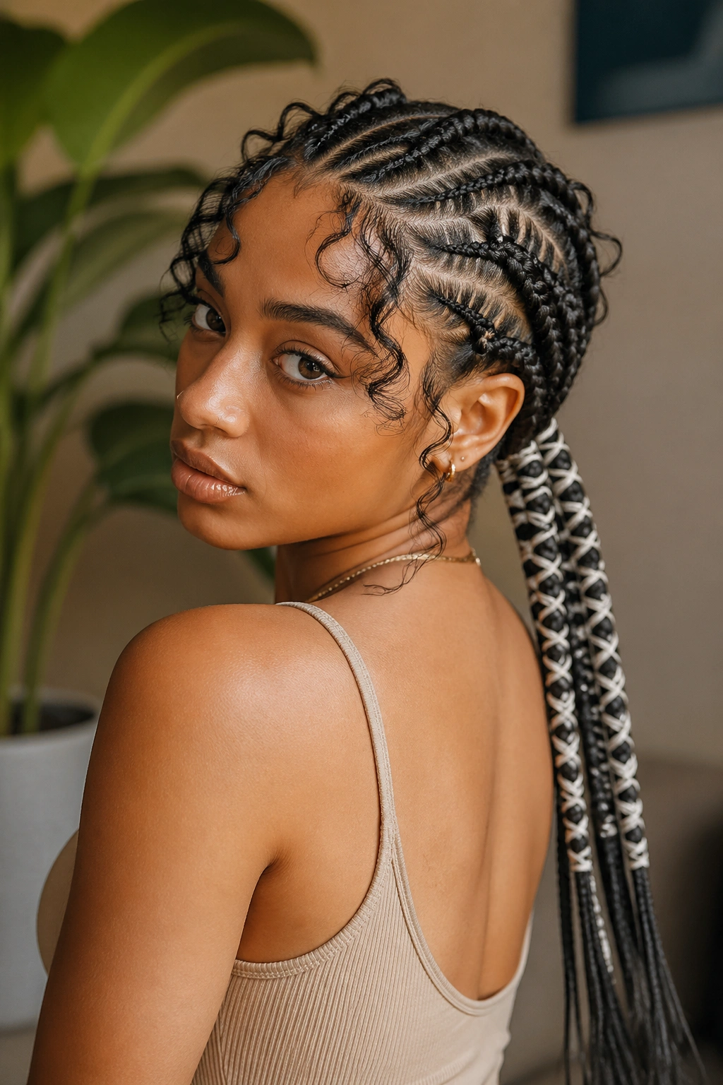 Three-quarter portrait of a real person showing wrapped butterfly tails at the back of the cornrows