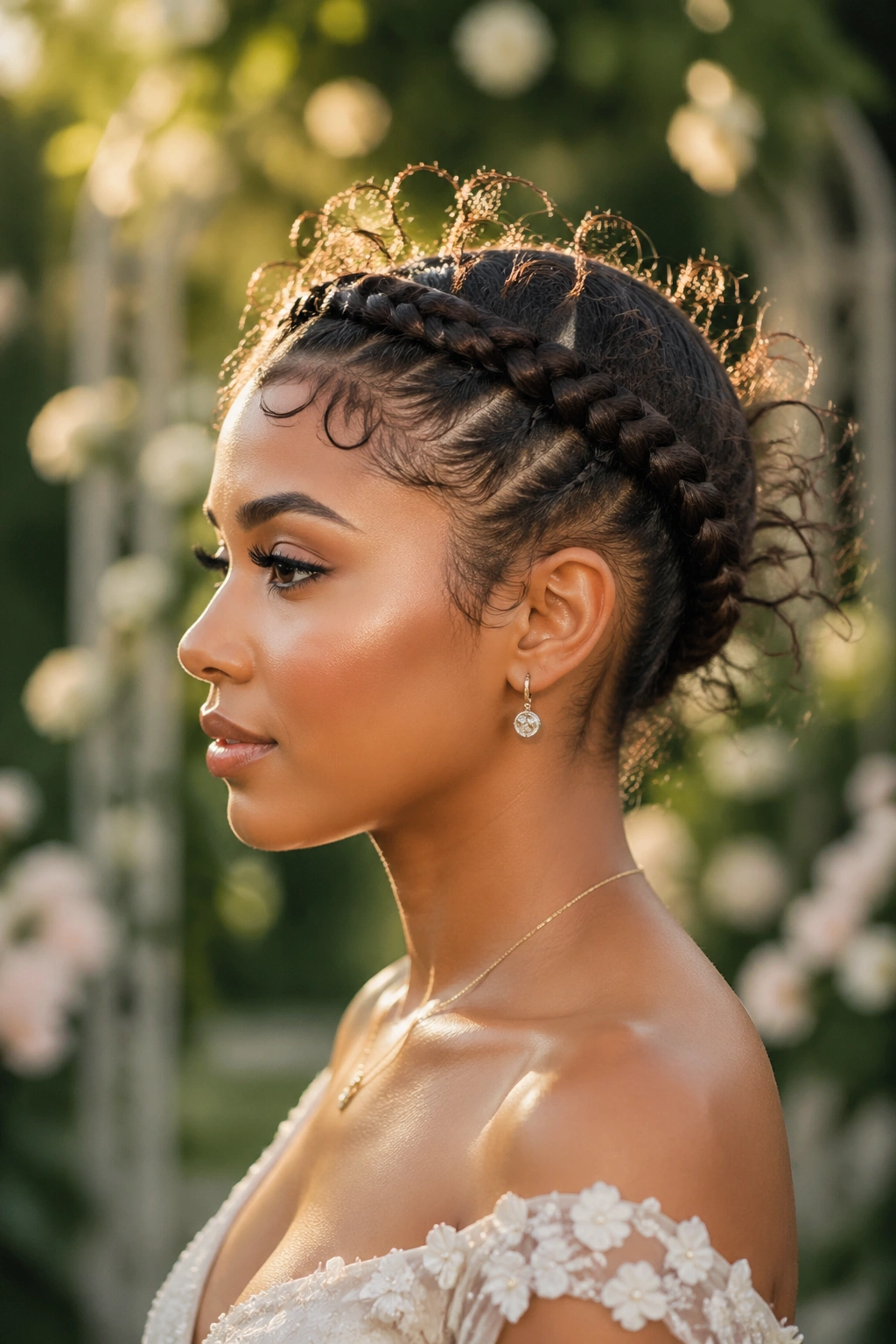 Profile portrait of a woman with a butterfly crown braid and fluttering curls.