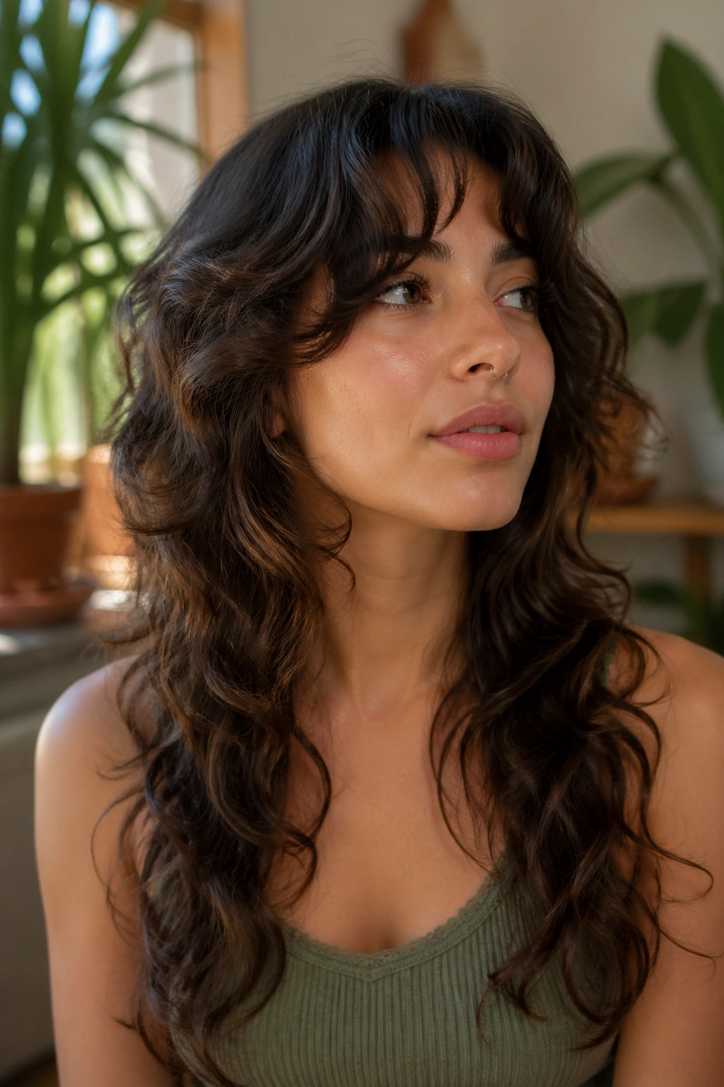 Close-up of real woman with butterfly cut hairstyle in a cozy living room