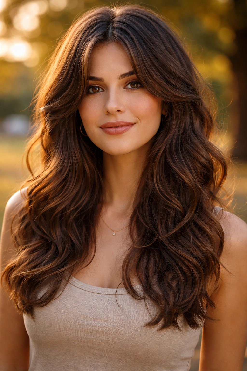 Close-up of a real person with butterfly-cut curtain bangs in golden hour park setting