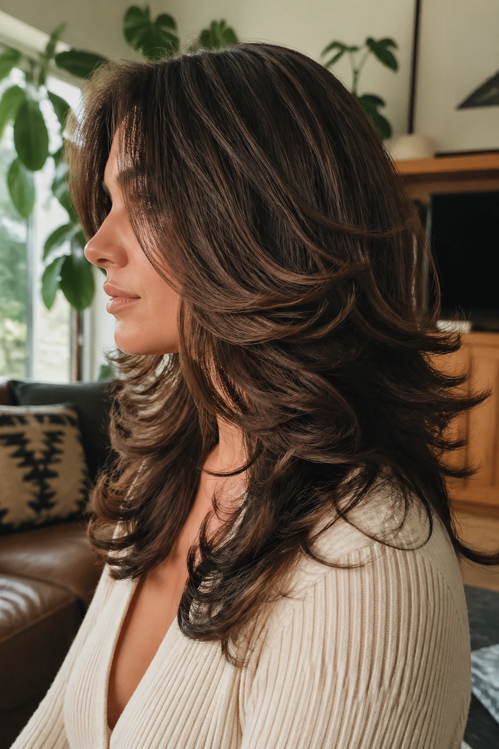 Side profile of a real woman with a butterfly cut and outward-flipping layers