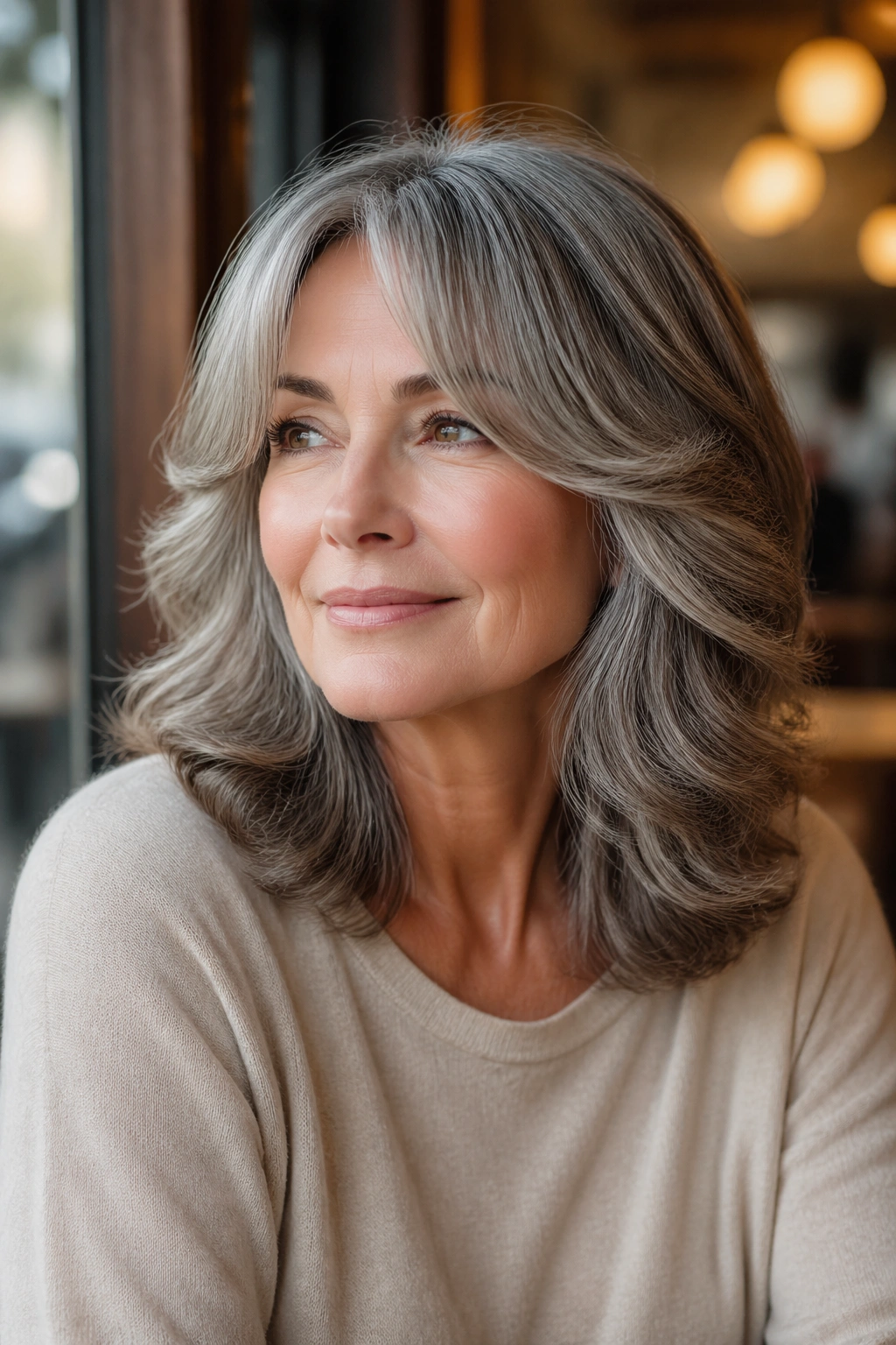Portrait of a real woman with butterfly-cut shoulder-length waves and face-framing layers
