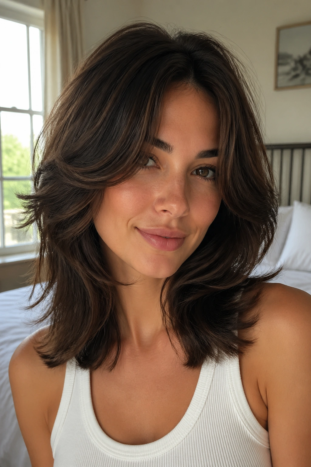Close-up of a real woman with butterfly-inspired face-framing layers