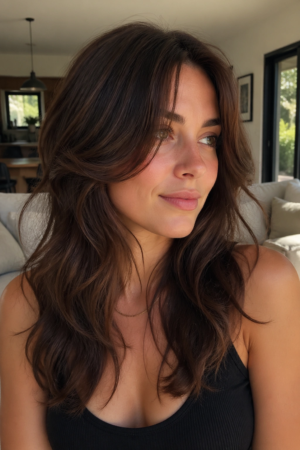 Real woman with butterfly layers on a medium brunette cut
