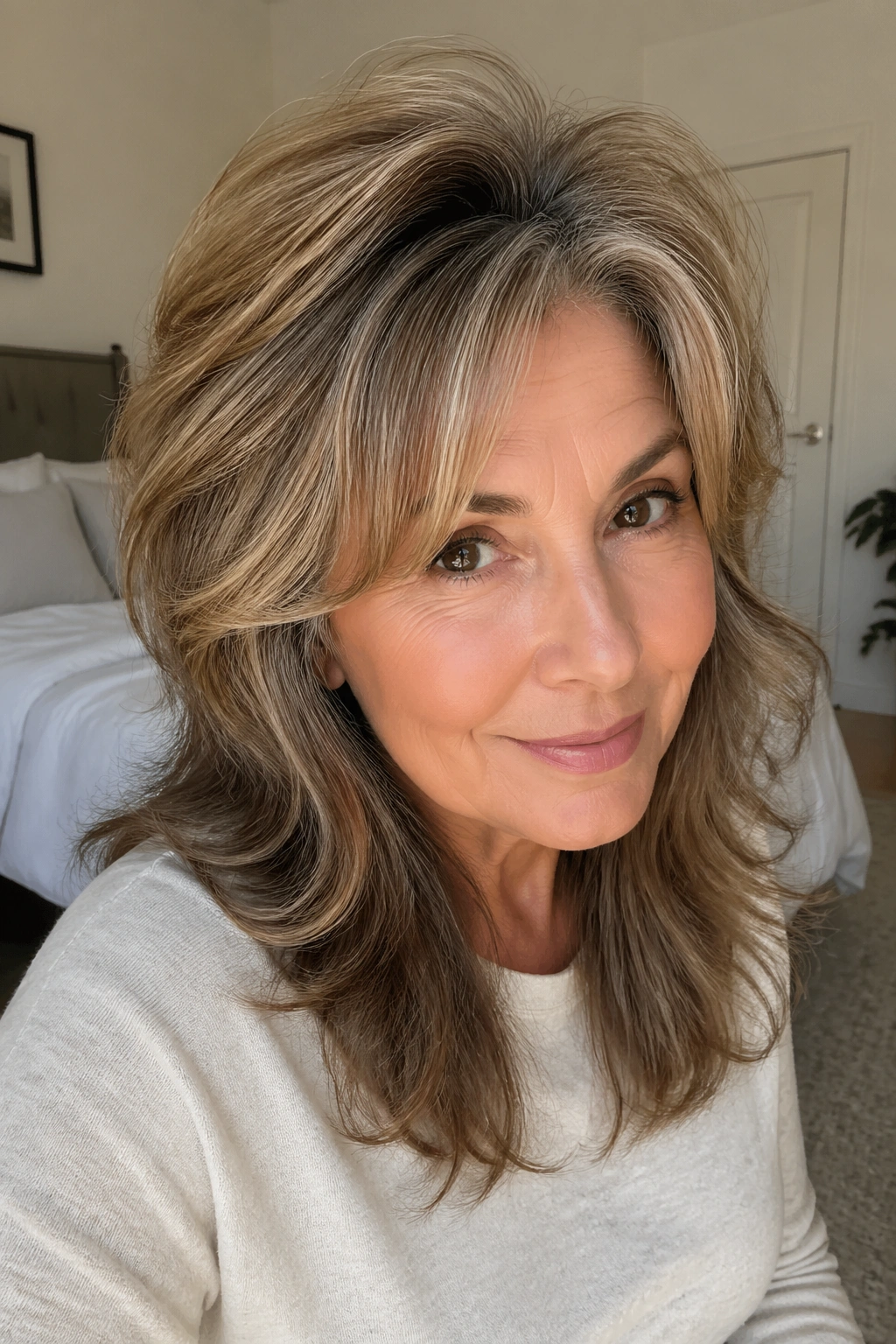 Real woman with butterfly layers and crown lift in bright bedroom